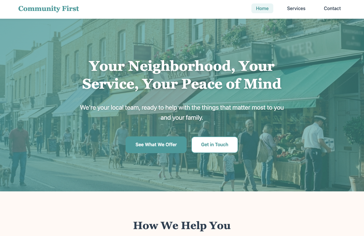 Community Local template screenshot showing neighborhood business website