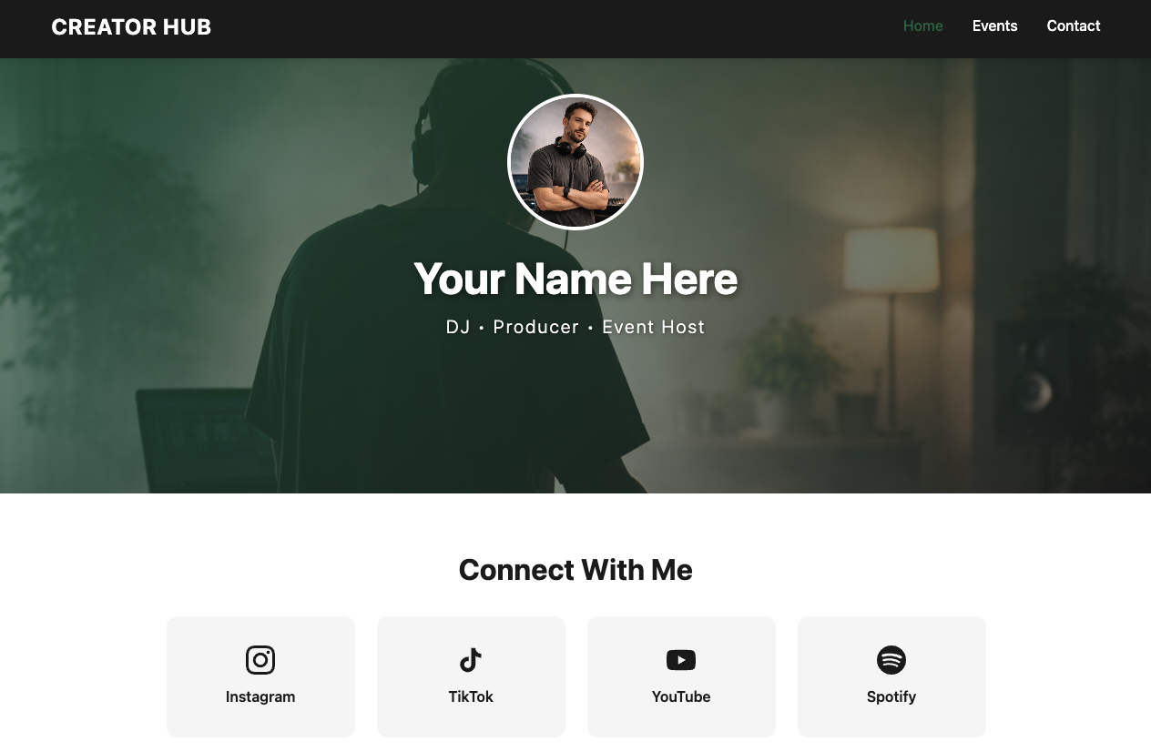 Creator / Event Hub template screenshot showing professional hub for creators, DJs, and events
